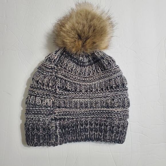 C.C. Beanie Black Grey Marl Slouchy Beanie Tan Black Pompom Winter Snow Cold Hat - Picture 2 of 6